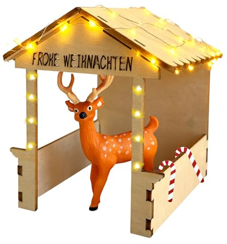 owlfun Accessorio per Natale, stalle di renna, set di gnomi, presepe di Natale, porta di legno con luce per l'avvento di Natale, bastoncini di zucchero, decorazione in miniatura