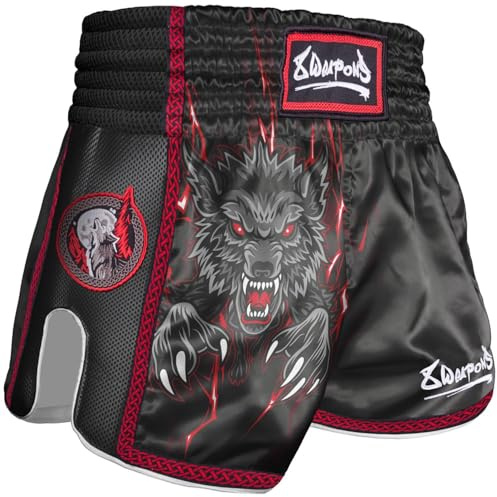 8 WEAPONS Muay Thai Shorts Beastial Wolf, Kinder Thaibox Shorts Satin, Schwarz-Rot, Kickboxhose für Kinder, Größe 12-14 Jahre, Atmungsaktiv, Langlebig, Kampfsporthose MMA, K1, Boxen, Thai Boxen
