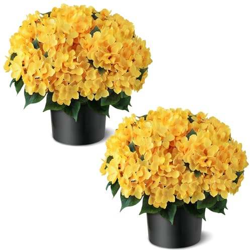 FOTEEWL Artificial Hydrangea Flower Topiary Trees - 2 Sets Faux Silk Flower Potted Plant, UV Resistant Fake Outdoor Hydrangea Bush for Front Door, Farmhouse,Garden, Porch Decor (Yellow)