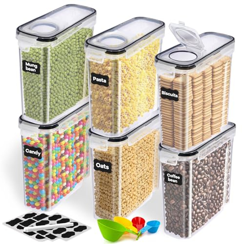 BUOAZR 2.5L Vorratsdosen Set, Satz mit 6, BPA-frei, Müsli Schüttdose, Aufbewahrungsbox Küche, Luftdichte Küchen Vorratsbehälter, 24 Etiketten für Getreide, Mehl usw (6, Rechteckig)