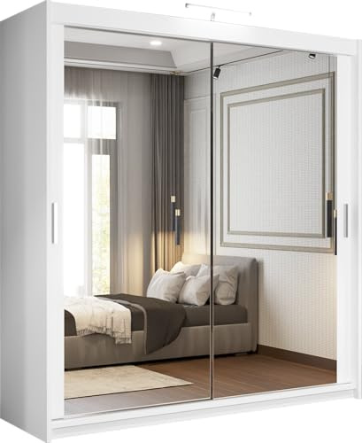 SLIDING WARDROBE 4U Double Mirrored Sliding Door Wardrobe with LED Light, Freestanding Bedroom Wardrobe, Customizable Interior, 90/100/120/150/180/203/250cm, MDF Chipboard (White, 180cm)