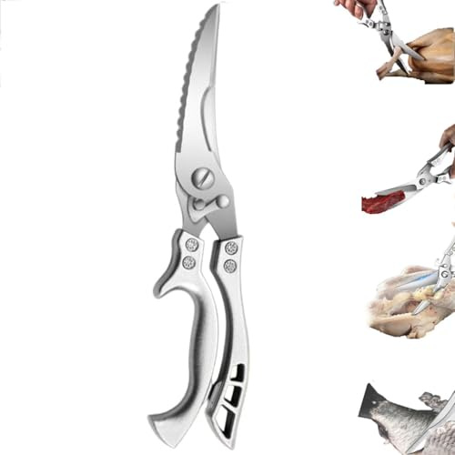 Stainless Steel Bone-Cut Kitchen Scissors, Heavy Duty Utility Food Scissor, Kitchen Shears, Meat Cooking Scissors with Non-Slip Handle, Multipurpose Poultry Shears for Chicken, Meat, Bone, Fish (A)