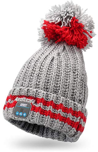 August EPA30 Gorro Bluetooth Mujer Hombre Gris Pompón, Beanie Telefono 5.0 Auriculares Punto Invierno Altavoz Inalámbrico Running Deportivo Diadema música Lavable