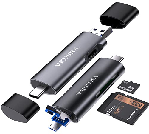SD Kartenleser, VKUSRA Multi-Stecker USB 3.0/USB C/Micro USB Kartenlesegerät with USB C Port Datenübertragung, Aluminium SD Card Reader für SD/MMC/Micro SD/TF/SDXC/SDHC/Micro SDHC/Micro SDXC
