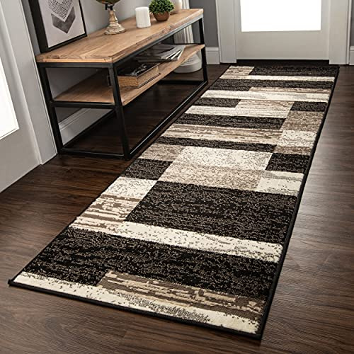 Superior Indoor Runner Rug, Jute Backed, Modern Geometric Patchwork Floor Decor for Bedroom, Office, Living Room, Entryway, Hardwood Floors, Rockwood Collection, 2' 7 x 12', Chocolate