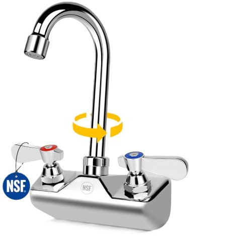 4 Inch Center Commercial Sink Faucet Wall Mount Kitchen Hand Sink Faucet, 1/2 NPT Male Inlet, Brass Constructed & Chrome Polished, with 3-1/2 Gooseneck Spout & Dual Lever Handles, No Lead | Brass with Chrome Finish, Leak-Free Ceramic Cartridge, Dual Lever Handles, for Bar, Restaurant Kitchen, Laundry