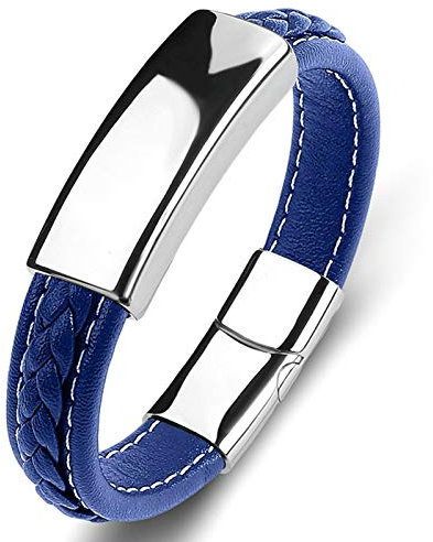 Epinki Armbänder Leder Jungs Männer, Lederarmband mit Magnetverschluss Wickelarmband mit Glänzend Zylinder Partnerarmband Edelstahl Armband Blau 18.5CM
