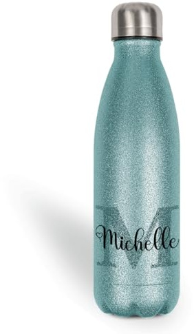 Personalisierte Glitzer Thermoflasche 500ml – Trinkflasche mit Namen aus Edelstahl – Thermosflasche Kinder & Erwachsene – Geschenk zur Einschulung, Schule, Büro, Sport – Glitzergeschenk, Türkis