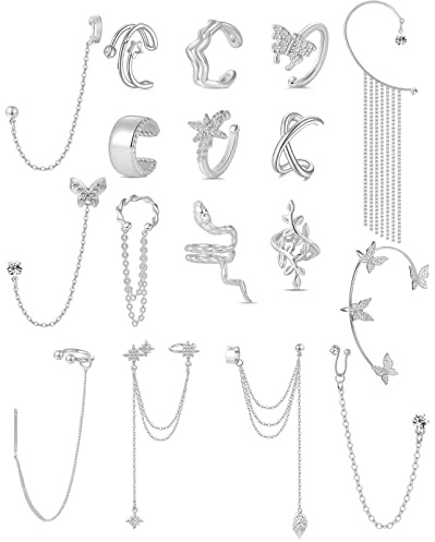 Tornito 17Pcs Ear Cuffs Chain Earrings Snake Butterfly Leaf Non Piercing Clip on Earring Fake Helix Cartilage Earrings Ear Clip Jewelry Silver Tone