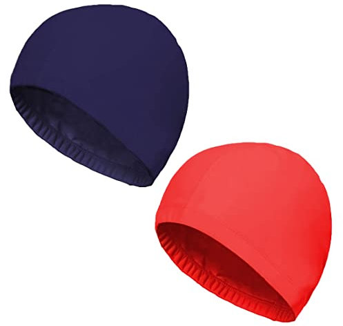 2 Sück Unisex Badehaube Damen Bademütze Schwimmhaube Schwimmkappe Flexible Kappe Badehut für mädchen Lange Haare Herren Kinder Jungen (Marineblau + Rot)
