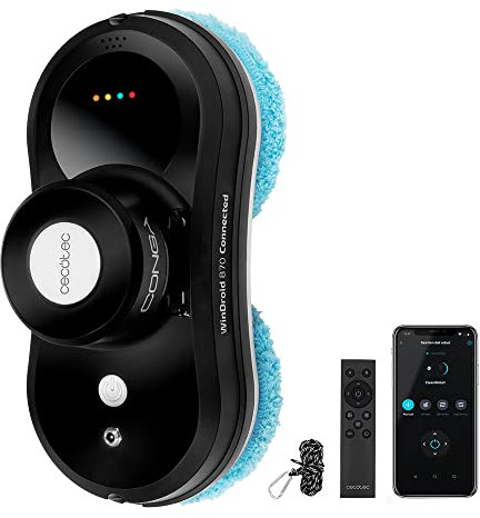 Cecotec Robot Limpiacristales con App y Mando a Distancia Windroid 870 Connected T. 80 W, Navegación Inteligente, Triple Sistema de Seguridad, 4 Programas de Limpieza, Incluye 12 Paños