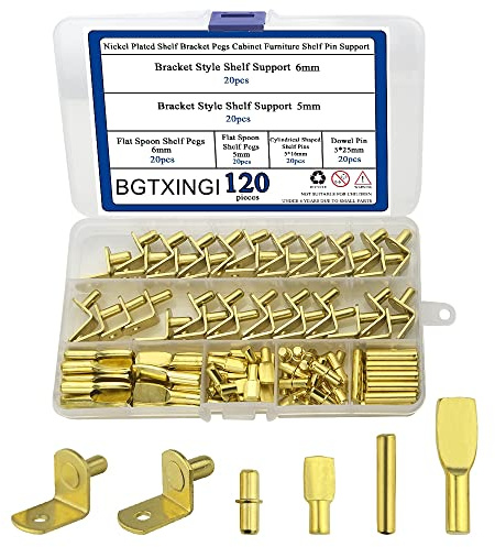 BGTXINGI120Pcs Regalstifte Kit Vernickelt 4-Stile Regal Support Pins Regal Halterung Stütz Pegs Flache Löffel Pegs Zylinder Stift Halter L-förmige Halterung Dowel Pins für Küchenschrank Möbel