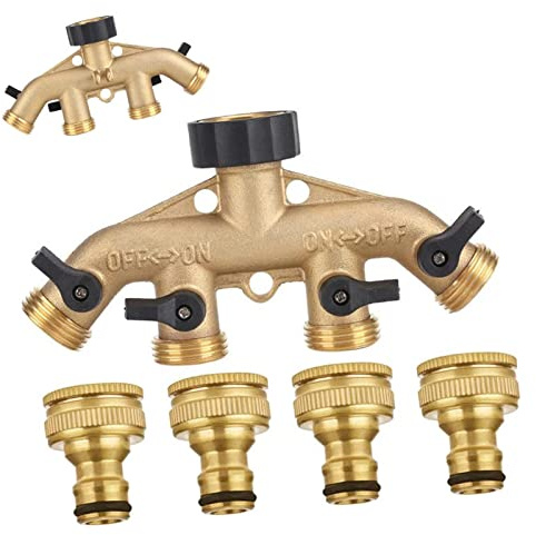 4-Wege-Messing-Gartenschlauch-Verteiler, 1,9 cm Schlauchadapter aus massivem Messing, Schlauchverteiler mit Absperrventilen für Gartenbewässerung