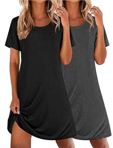 Ekouaer 2 Pack Nightgowns for Women Sleepshirt Short Sleeve Night Shirts Soft Sleep Dress Classic NightDress (Black+Grey, Large)