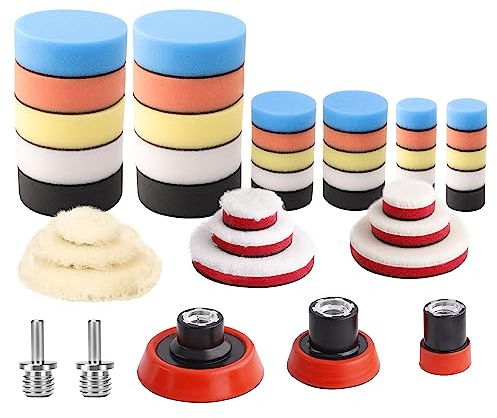 ZFE Car Foam Drill Polishing Pad Kit, 44Pcs 1inch 2inch 3inch Detail Polishing Buffing Pad Mix Size Car Detailing Kit with 5/8-11 Thread Backing pad & Adapters for Buffer Polisher Polishing, Buffing