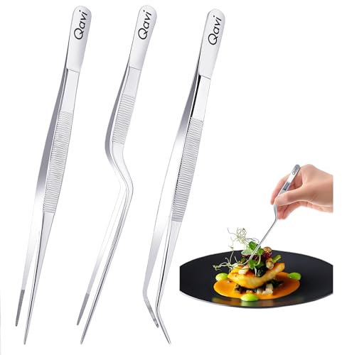 Professional Chef Plating Tweezers, 8-Inches Set of 3 (Straight, Curved and Offset), Precision Culinary Tongs, Hand Made from High-Grade Stainless Steel Polished | 20.5cm Silver