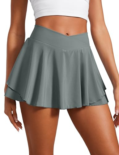 CRZ YOGA Crossover Hohe Taille Tennisrock | Skort mit Innenhose und Taschen, Schnelltrocknend, Casual, Doppelte Rüschen, Locker Fallend, Mini, Sportrock für Damen