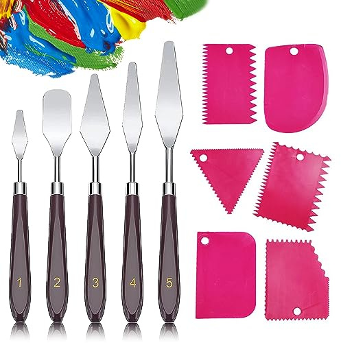 11 Stück Spachtel für Acrylmalerei Set, Palettenmesser für Strukturpaste, 5 Stücke malmesser Set mit 6 Stück Zahnspachtel, Strukturpaste Spachtel, Acryl Spachtel zum Ölgemälde, Gouache, Felsmalerei