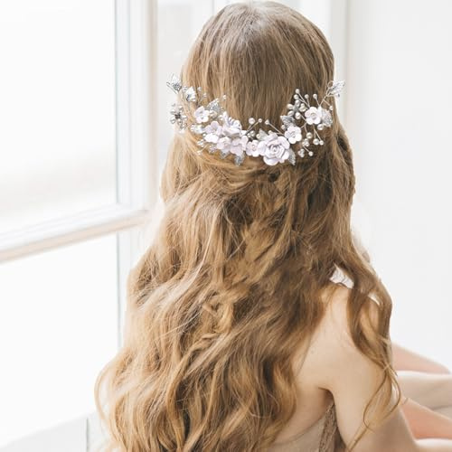 peiyee Mariée Perle Bandeau Vigne de Cheveux, Bijoux de Cheveux Vigne de Argent, Mariée Bandeau de Mariage en Forme U, Vigne de Cheveux Mariage Motif Floral, Coiffure Perlée pour Femmes et Filles