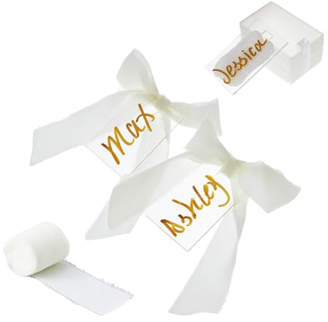 SUPERFINDINGS 24 Stück Hochzeits Blanko Acryl Tischkarten Rechteckige Hochzeitsreservierungsschilder Transparente Sitzanhänger Mit 1 Rolle 5m Polyester Fransenbändern Für Gästenamen Tischeinstellungen