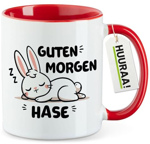 Huuraa Kaffeetasse Guten Morgen Hase Geschenk | Motivtasse 330ml Rot Keramik Tasse mit Spruch Kaffeebecher Geschenkidee Becher mit Motiv