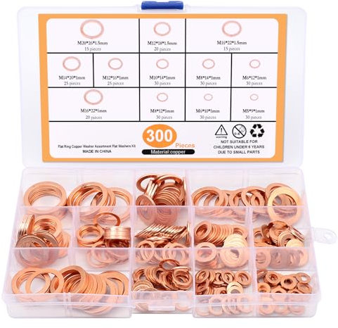 AMZSKU Set di 300 rondelle, set di anelli di tenuta piatti in rame, assortimento per viti (M5 M6 M8 M10 M12 M14 M16 M20)