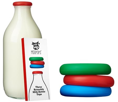 MOOPOPS (Clásico) Paquete de 3 tapas de silicona reutilizables específicamente diseñadas para adaptarse a botellas de leche estándar de una pinta de vidrio del Reino Unido.