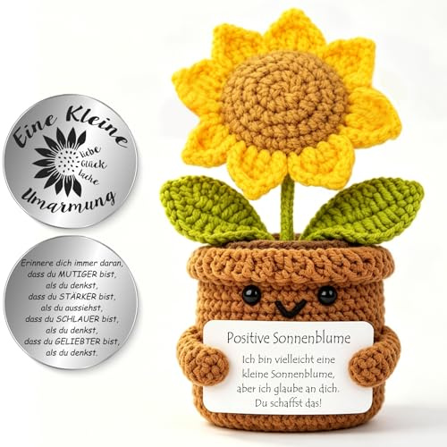 Tixlux Pocket Hug Positive Sonnenblumen Figur, Kreative Strickwolle Figur mit Kleiner Umarmung Glücksbringer, Geschenke zur Einschulung, MutmacherGeschenk, Gute Besserung Geschenk, EinschulungGeschenk