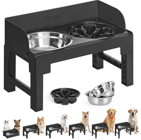 Feandrea Dog Bowls Elevated, Raised Stand with 1 Slow Feeder and Two 304 Stainless Steel Bowls, Adjustable Height and Tilted Design, Ink Black UPRB103B01