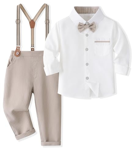 Volunboy Bebe Garçon Costume Gentleman, Noeud Papillon Chemise Carreaux + Pantalon 4 Pièces(18-24 mois,Taille 90,Rayures Kaki)