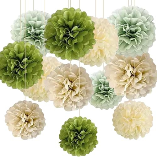12 Stück Salbeigrün Beige Olivgrün Cream Papier Pompoms für Brautparty Babyparty Geburtstagsdeko Boho Hochzeit Party Deko