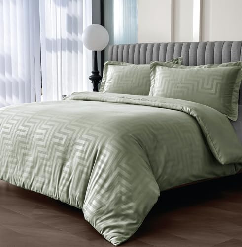Velosso Sateen Touch Double Duvet Cover Set, Greek Style Scroll Design, Hotel Quality 3 Piece Bedding Set with 2 Oxford Pillowcases, Button Closure (Sage, Double)