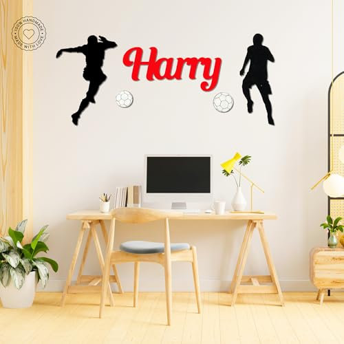 Personalised Football Wooden Name Sign - Kids Room Custom Wall Art with Players, Sports Themed Bedroom Decor, Football Door Sign, Boys Soccer Gift, 3 Sizes & 17 Colours