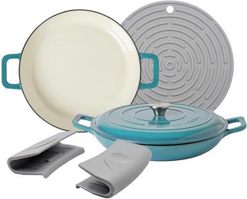 Argon Tableware 2.3L Shallow Cast Iron Casserole Dishes with Self-Basting Lids - Teal Ombre - 2 Pack Induction Hob Cooking 2.43QT Dutch Oven Bread Baking Serving Roasting Stew Stock Pot Cookware Pan