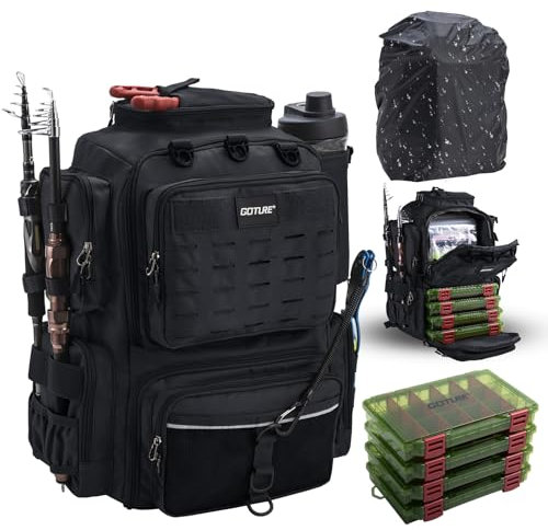 Goture Angelrucksack mit 4 Köderbox Angeln, 45-Liter Angelzubehör-Rucksack mit Zwei Rutenhaltern und Regenschutz, Wasserabweisende Angelgerätetasche mit verstellbarem Fach und 8 Ködertaschen