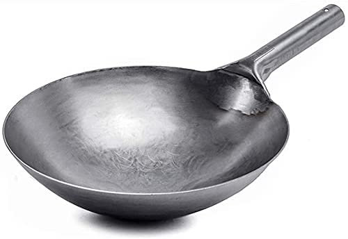 CHFYIJYHM Wok Redondo de Acero al Carbono, auténticos woks martillados a Mano y sartenes for Utensilios de Cocina Tradicionales Chinos antiadherentes, sin Revestimiento, Menos Aceite