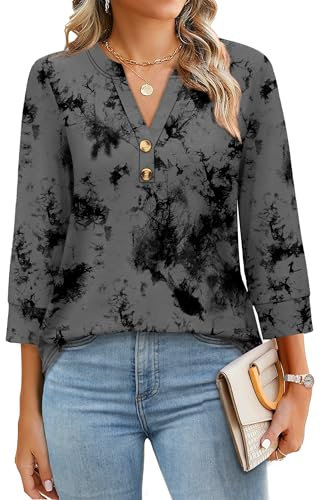 Aokosor Womens 3/4 Sleeve Tops Ladies Blouse V Neck Tunic Long Sleeve T Shirts Curved Hem Office Wear Women's Clothing Grey Black Floral Size 14-16 for UK