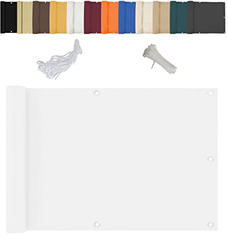 Outdoor Balkonverkleidung Abdeckung Wasserdicht Wind & UV-Schutz für Geländer Terrasse Garten Inklusive Kabelbinder Aluminium Ösen Weiß 100x350cm