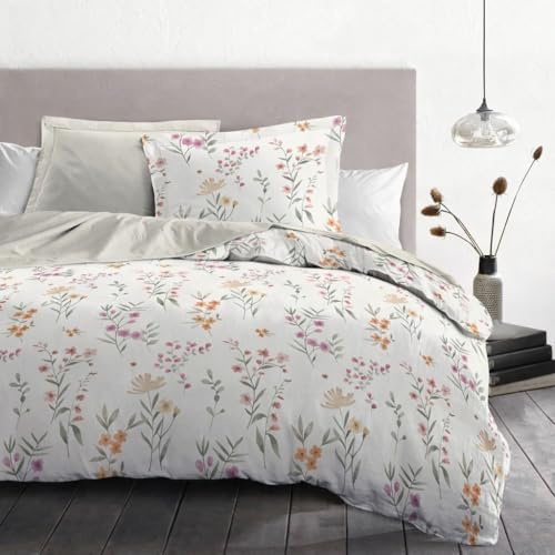 Bettwäsche 240 x 260 cm – 3-teilig – weiche Baumwollperkal – Bezug + Kissenbezüge – cremefarben – Modell La Flamboyante