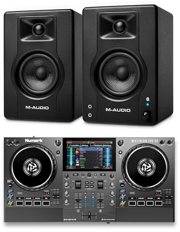 Numark Mixstream Pro Go DJ Controller and M-AUDIO BX4 Pair Bluetooth Studio Monitors for Studio Recording, Music Production, Podcasting, Streaming