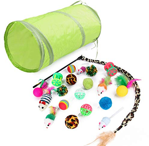 Set di 21 giocattoli per gatti e gattini, set di varietà tra cui rompicapo soffici palline increspate tunnel tamburo per animali domestici, gattini, cuccioli, regalo