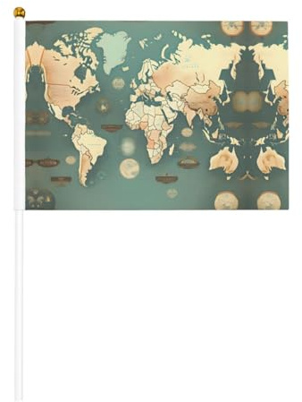 Drapeau rétro carte du monde agitant double face et mini drapeaux à bâton, adaptés pour la décoration de fête et les activités d'équipe