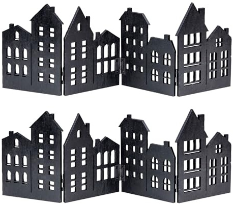 levandeo 2er Set Haus Silhouette Holz Schwarz Deko Häuser Aufsteller Klappbar Fensterdeko Tischdeko Winter Advent Deko Wohndeko