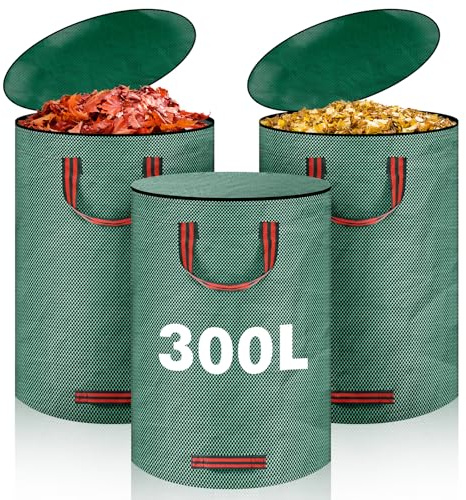 YOMKILU 3x 300L Bolsas de Residuos de Jardín, Sacos de Jardín con Tapa y Asas, Bolsas de Jardinería Reutilizable y Plegable, Impermeable Jardineria de Sacos para Recoger Plantas, Residuos y Hojas