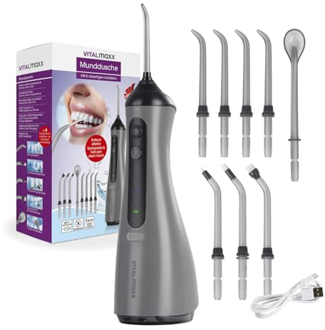 VITALmaxx Irrigatore orale | Doccia dentale elettrico – 8 inserti, serbatoio dell'acqua | Pulitore dentale senza fili con timer e 3 modalità per un efficace risciacquo della bocca, Flosser, detergente
