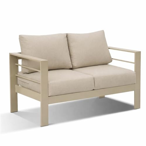 LANOX 2-Sitzer Gartensofa aus Aluminium, Beige | Wetterfest, inkl. 12cm Sitzkissen & Rückenkissen, 128x65x66 cm, für Balkon & Terrasse
