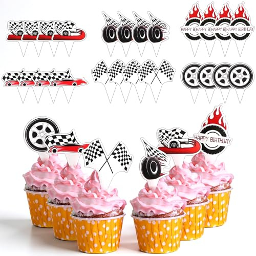 24 PCS Hot Cars Cupcake Toppers Race Car Cake Decorations Checkered Racing Theme Flag Cupcake Picks for Boy Girl Baby Shower Birthday Party Decors Favors Supplies