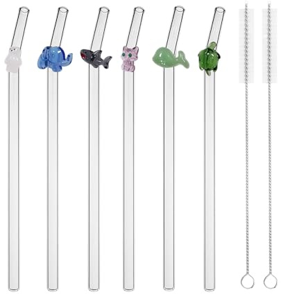 6 Stück Strohhalm Tiere Glas 20 x 8 mm, Wiederverwendbar Glasstrohhalme mit Motiv, Trinkhalme Glas mit 2 Stück Strohbürste, Klar Tier Strohhalme für Milchtee, Smoothies, SäFte, GeträNke, Cocktails