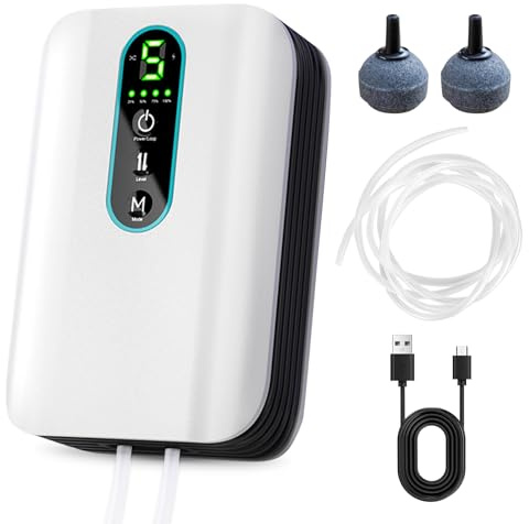 Aquarium Luftpumpe leise, Aufladbar Sauerstoffpumpe, Doppel Auslass Aquarium Sauerstoffpumpe, Einstellbarer Durchfluss, Durchfluss 1.5L / min X2 für Wasserpflanzenaquarien und Aquakultur