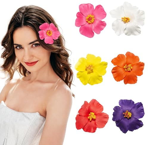 Fermaglio per Capelli Fiore Hawaiano, 6pcs Fermaglio per Capelli Plumeria Ibisco, Clip Fiore Hawaiano, Boho Tropicali Fermagli, Adatto per Spiagge, Matrimoni e Feste(Ibisco)